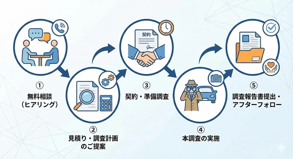 探偵社への相談、調査依頼、調査結果報告の流れ