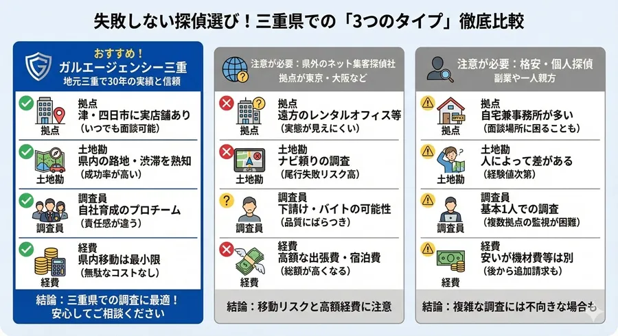 失敗しない探偵選び。三重県での3つのタイプの探偵社、徹底比較表。
