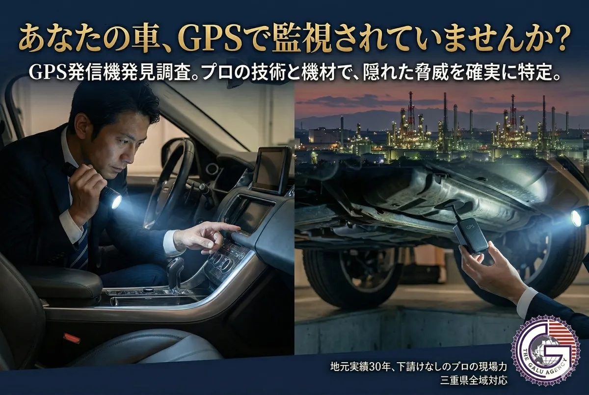 三重県の探偵、ガルエージェンシー三重が提供するGPS発信機発見調査。画像上部には『あなたの車、GPSで監視されていませんか？』『GPS発信機発見調査。プロの技術と機材で、隠れた脅威を確実に特定。』のテキスト。探偵が車内と車底を懐中電灯で調査しGPSを発見するイメージ。地元実績30年、三重県全域対応。