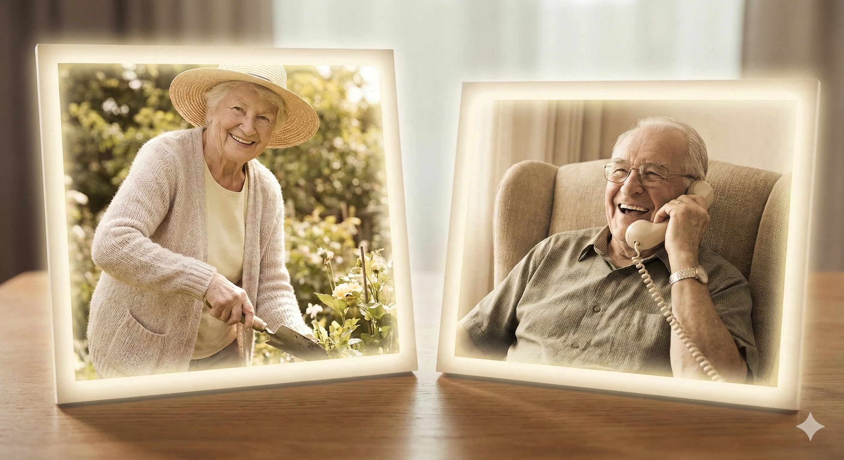 電話をする高齢男性と花壇前の高齢女性